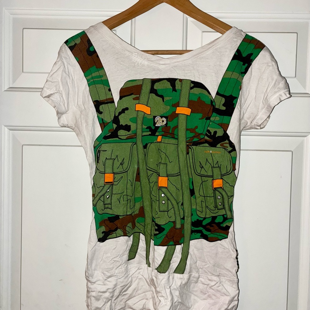 Triple Five Soul White Tee with Green and Orange Camo Design